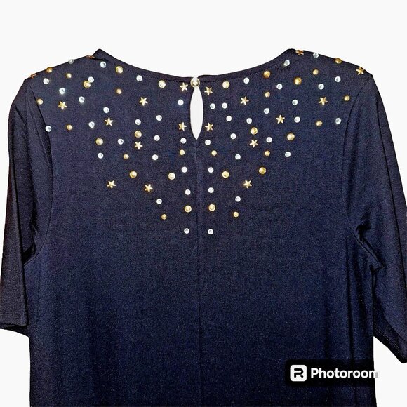 C Wonder Black Midi Dress Stars Rhinestones  Cosmic Glam Quiet Luxury Size 6 - Picture 4 of 7